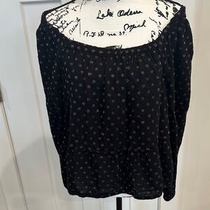 LOFT Black Long-Sleeve OFF THE SHOULDER Blouse with Pink IRIDESCENT DOTS. large